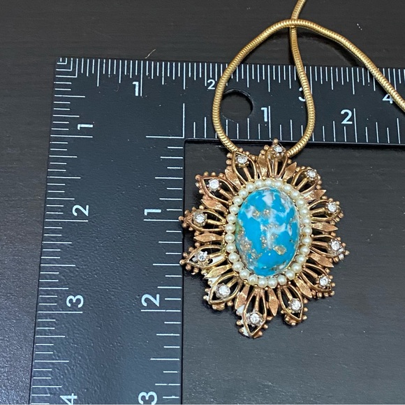 Vintage Cabochon Pearl Rhinestones Sunburst Pendant Round Snake Chain Necklace - Picture 6 of 12